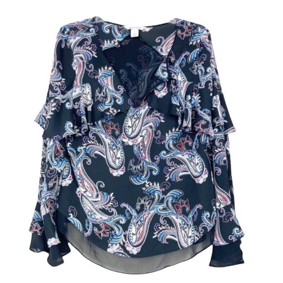 WHBM Black Paisley Chiffon Ruffle Blouse Sz 8 - Picture 1 of 7